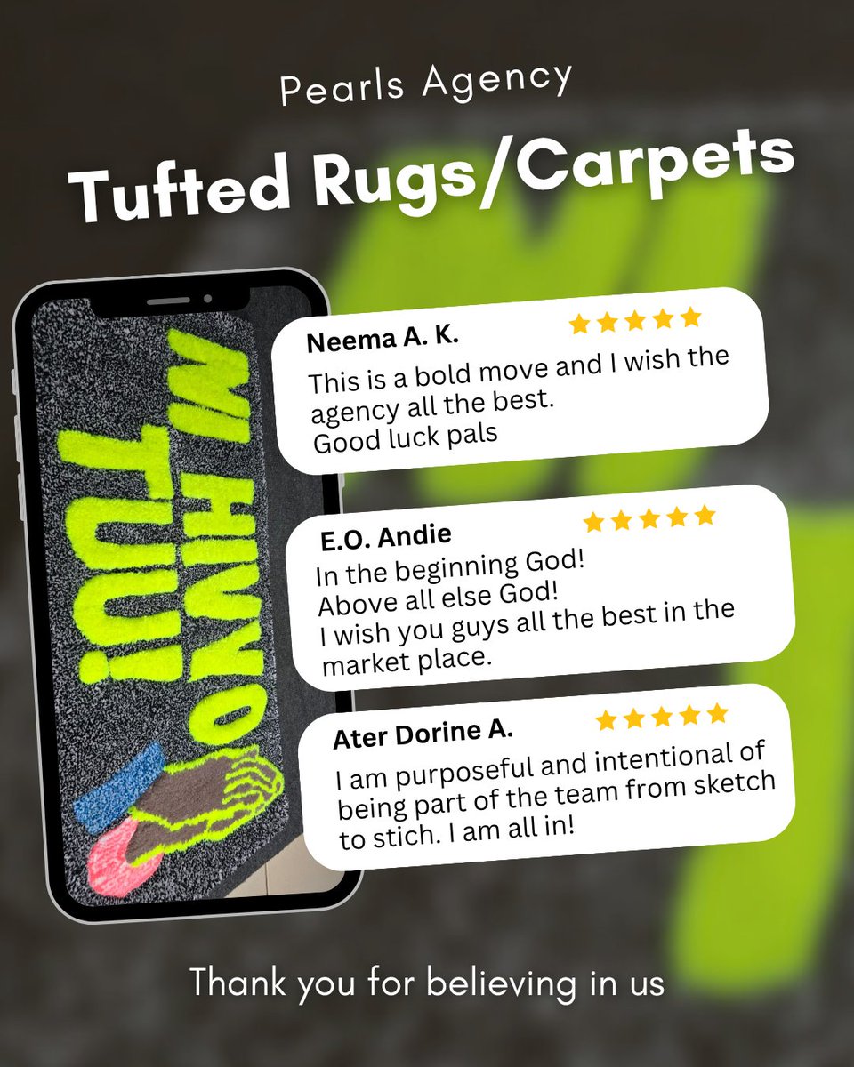 Which would you choose? “Nyadendi” or “Bible Girl” or "Leveled'' or ''Ni Hivyo Tuu!"?
Order your custom made rugs from us today via WhatsApp. From #thread to #trend — #Thank you for making our tufted dreams a success! #Tufting