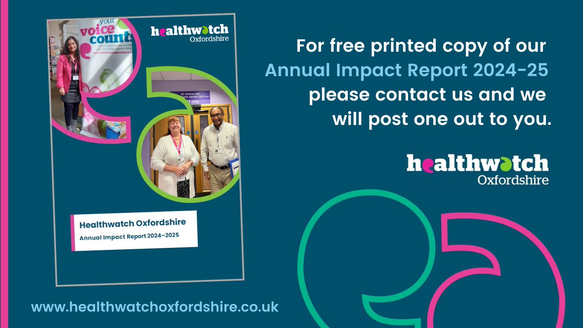 HealthwatchOxon (@healthwatchoxon) on Twitter photo Would you like a copy of our Annual Report? If so, get in touch on 01865 520520 or at hello@healthwatchoxfordshire.co.uk and we'll pop one in the post for you! Would you like a copy of our Annual Report? If so, get in touch on 01865 520520 or at hello@healthwatchoxfordshire.co.uk and we'll pop one in the post for you!
