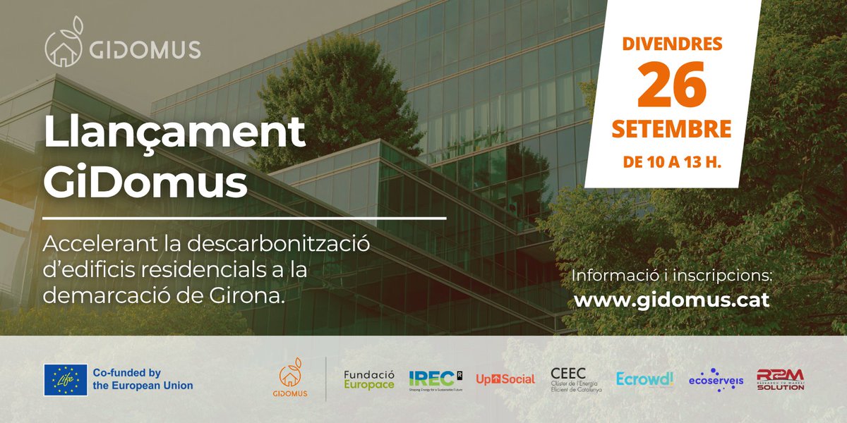 🎉 El 26/9 celebrem el llançament oficial de les oficines #GiDomus a Girona!

Una fita clau per la #transicióenergètica que donarà suport a +75.000 llars en la #rehabilitacióenergètica.

➕ INFO: shorturl.at/nNZKE

#LIFEGidomus #EficiènciaEnergètica #Descarbonització