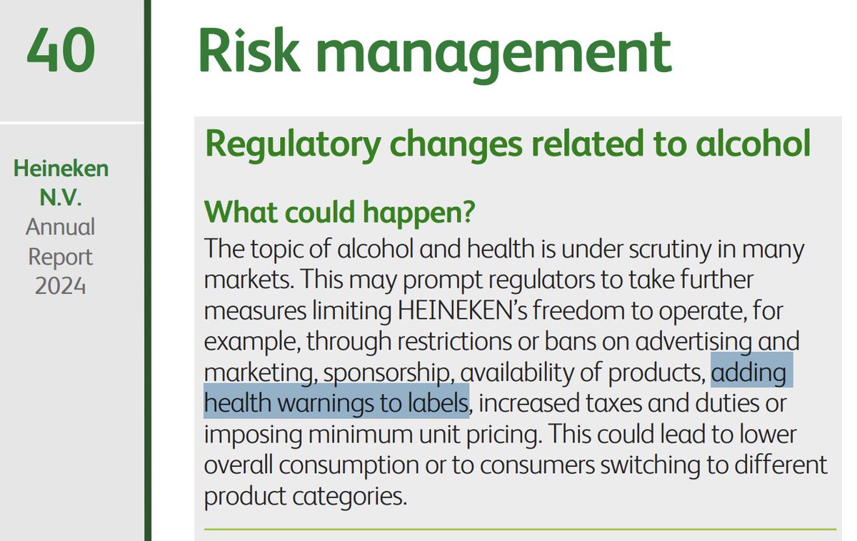 Do health warnings on alcohol labels work to reduce consumption?

Heineken thinks they do. In their Annual Report 2024 they listed warning labels as a risk to their sales as they could "lead to lower overall consumption", alongside MUP, increased taxes, and marketing bans.