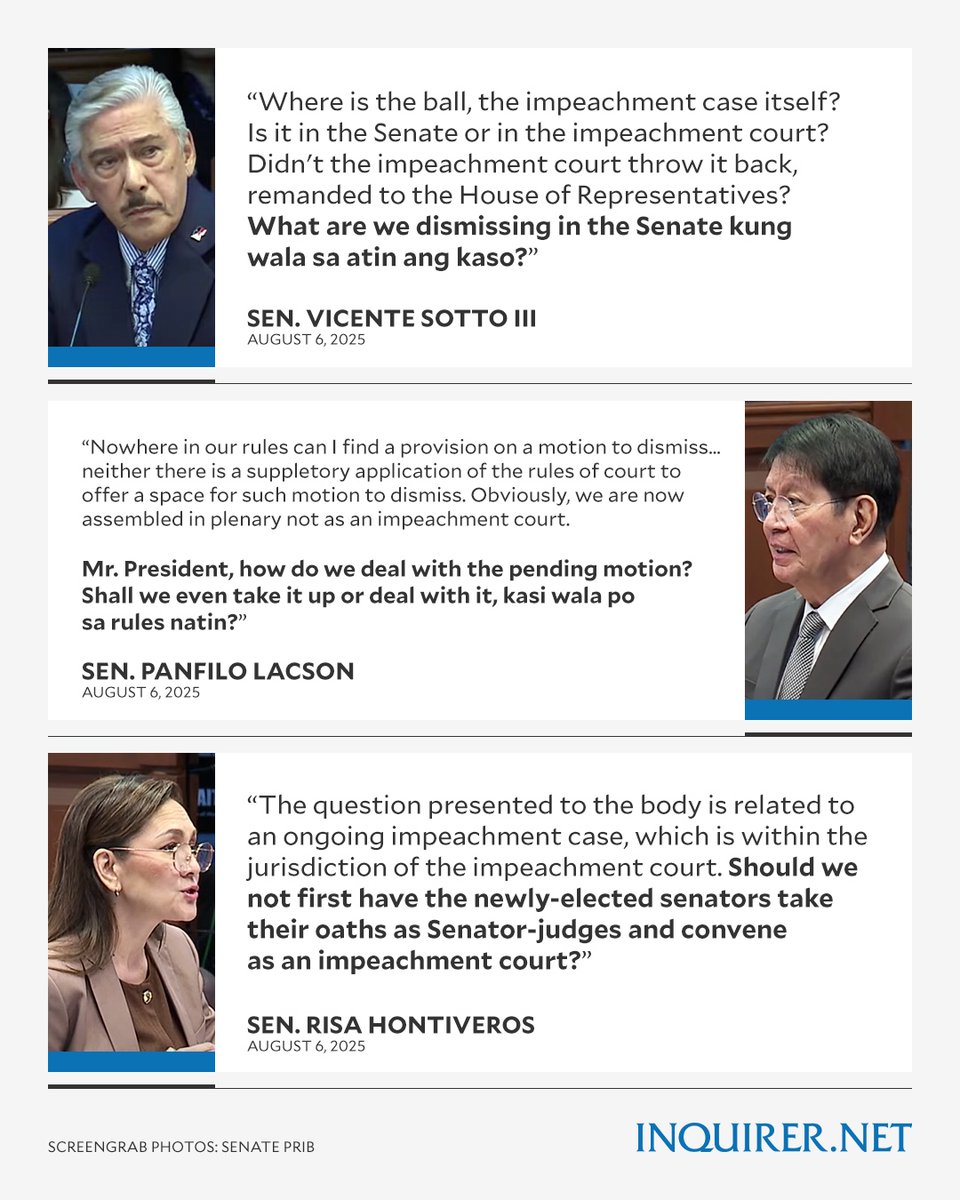 ‘SHOULD WE NOT FIRST CONVENE AS AN IMPEACHMENT COURT?’

Senate minority bloc members raised concerns over jurisdiction, the lack of Senate rules allowing a motion to dismiss, and the need to convene as an impeachment court before taking any action on the case against Vice
