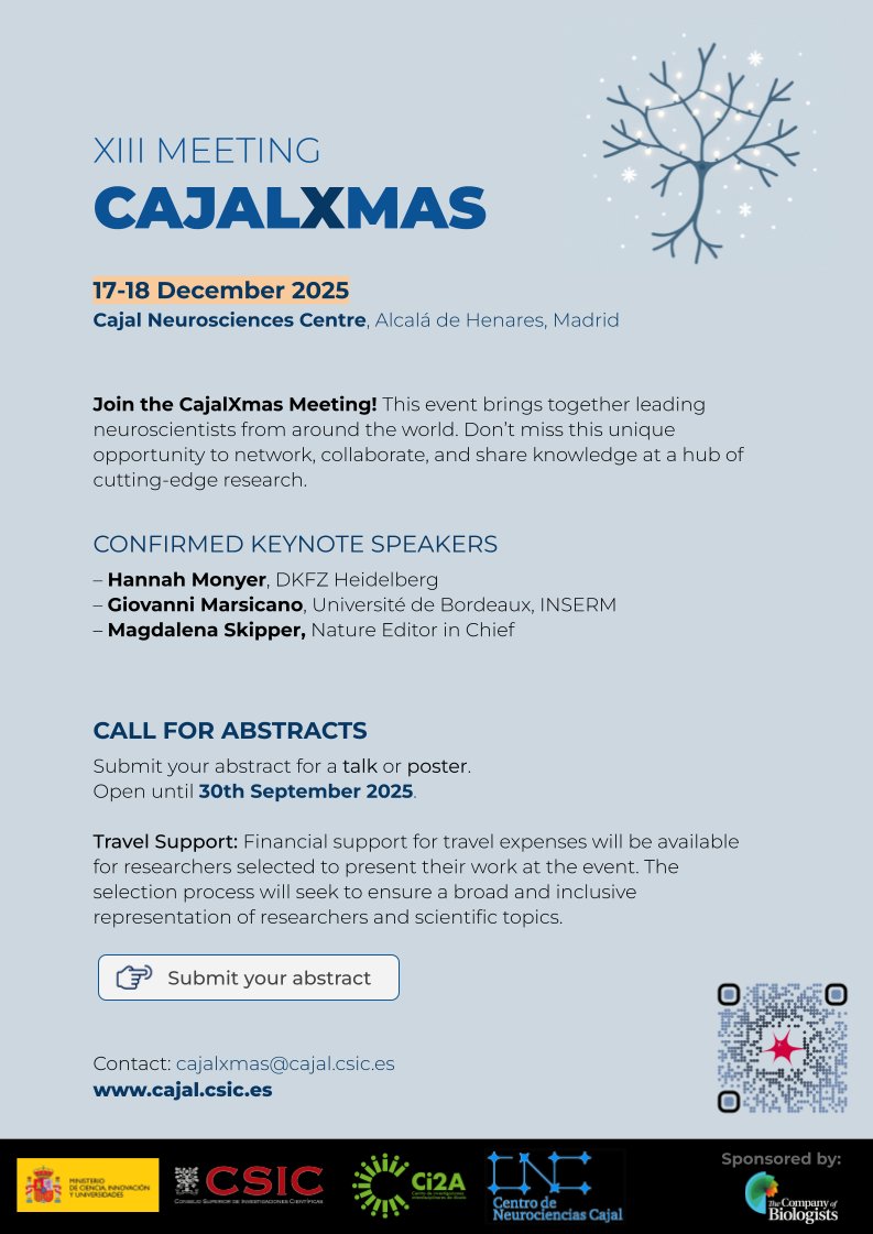 🧪 ¡Ya está abierta la convocatoria para el CajalXMas Meeting 2025!

Presenta tu trabajo como charla o póster antes del 30 de septiembre.
🔗 Formulario: tr.ee/CpYWuJ
✈️ Apoyo para gastos de viaje.

📅 17-18 de diciembre | 📍 Ci2A
🙏 Patrocinado por <a href="/Co_Biologists/">The Company of Biologists</a>