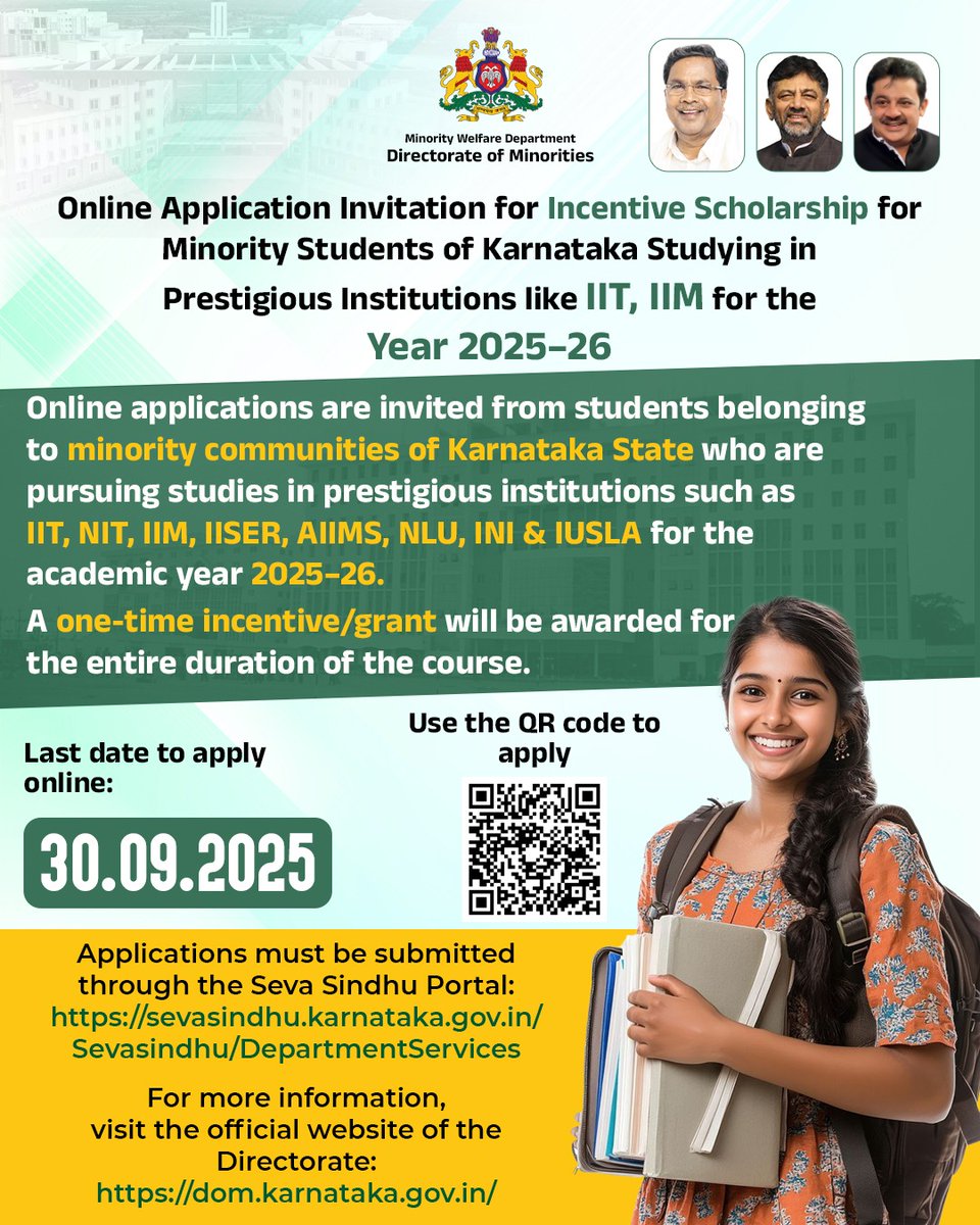 DOMGOK's tweet photo. Online Application Invitation for Incentive Scholarship for Minority Students of Karnataka Studying in Prestigious Institutions like IIT, IIM and Pursuing https://t.co/NJf7p7ll1d. Nursing and GNM Nursing for the Year 2025–26.

Last date to apply online: 30.09.2025 https://t.co/z929xXgetZ