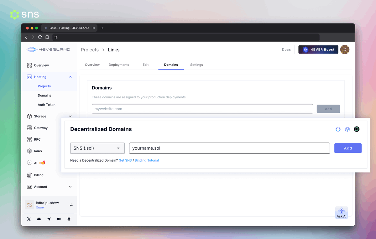 sns.sol (@sns) on Twitter photo You've got the name. Now claim the space.
With <a href="/4everland_org/">4EVERLAND | Web3 AI Cloud Platform</a>, your .sol domain becomes your home on the decentralized web. No code, no gatekeepers - just you, your ideas & the tools to launch in minutes.
There's really nothing in your way to start creating. You've got the name. Now claim the space.
With <a href="/4everland_org/">4EVERLAND | Web3 AI Cloud Platform</a>, your .sol domain becomes your home on the decentralized web. No code, no gatekeepers - just you, your ideas & the tools to launch in minutes.
There's really nothing in your way to start creating.