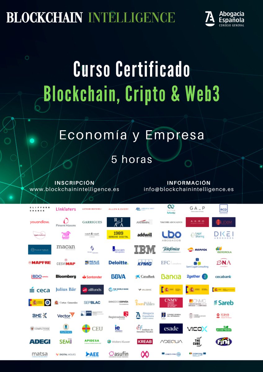 Blockchain Intelligence (BI) (@bintelligence_) on Twitter photo * Aprende los fundamentos de la tecnología #blockchain, web 3.0 y #cripto el 29 de septiembre.
* Conoce su impacto desde las redes y los casos de uso actuales.
* Aplica el conocimiento en nuestro lab.
blockchainintelligence.es
<a href="/Abogacia_es/">Abogacía Española</a> <a href="/FelabanOnline/">FELABAN</a> <a href="/Alastria_/">Alastria Blockchain Ecosystem</a> <a href="/WomenLegalW/">Women in a Legal World</a> * Aprende los fundamentos de la tecnología #blockchain, web 3.0 y #cripto el 29 de septiembre.
* Conoce su impacto desde las redes y los casos de uso actuales.
* Aplica el conocimiento en nuestro lab.
blockchainintelligence.es
<a href="/Abogacia_es/">Abogacía Española</a> <a href="/FelabanOnline/">FELABAN</a> <a href="/Alastria_/">Alastria Blockchain Ecosystem</a> <a href="/WomenLegalW/">Women in a Legal World</a>