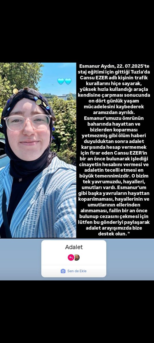 Baran (@1steng_baran) on Twitter photo Aynı gemide çalıştığımız arkadaşımızın kızı 14 günlük savaş sonunda melek oldu. Ona çarpan Cansu Ezer isimli kişi ise ölüm haberinden sonra kaçmış. Bu paylaşımı yaymamız için yardımlarınızı bekliyoruz. #esmanuriçinadalet <a href="/zeyno_citlembik/">çitlembik zeyno</a> <a href="/dilaragonder/">Dilara Gönder</a> Aynı gemide çalıştığımız arkadaşımızın kızı 14 günlük savaş sonunda melek oldu. Ona çarpan Cansu Ezer isimli kişi ise ölüm haberinden sonra kaçmış. Bu paylaşımı yaymamız için yardımlarınızı bekliyoruz. #esmanuriçinadalet <a href="/zeyno_citlembik/">çitlembik zeyno</a> <a href="/dilaragonder/">Dilara Gönder</a>