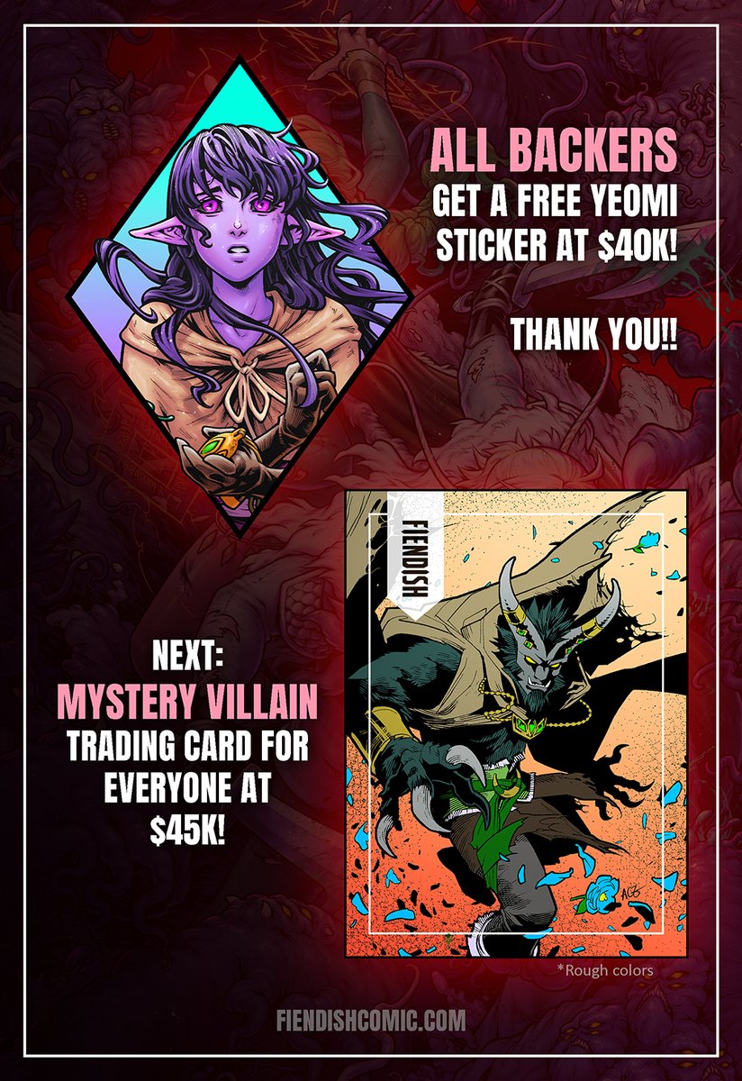New stretch goal for FIENDISH #3 announced!
If we reach $45K, all backers will get a Pathfinder-compatible trading card of the new mystery villain. Preview art below!

Share the campaign and help us spread the word, frens!! 👊🔥
igg.me/at/FIENDISH3/x…

#comics #indiecomics