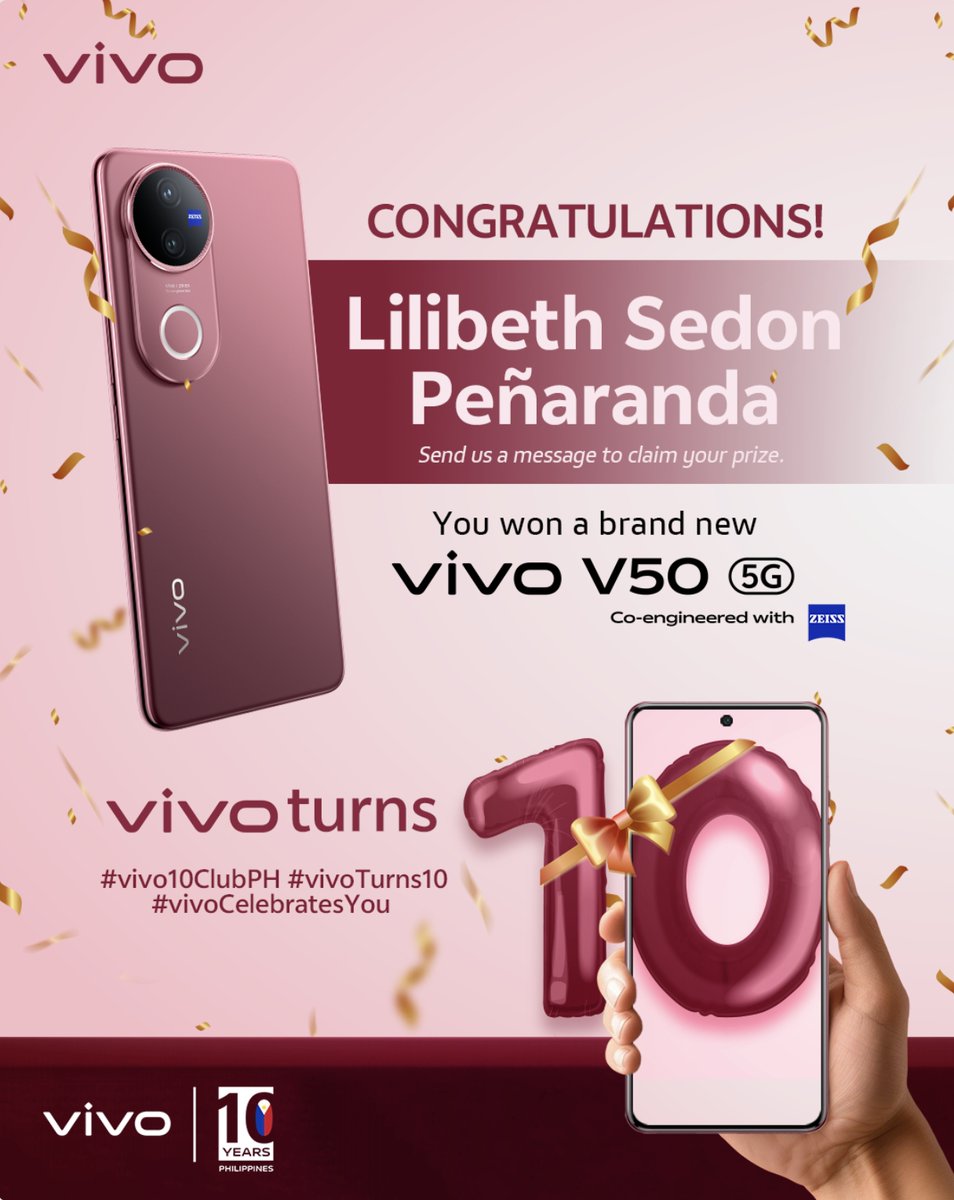 A big congratulations to Lilibeth Sedon Peñaranda ✨ — you've WON a brand new vivo V50 5G! 💙

We want to say a huge thank you to everyone who participated in our giveaway! Your love and excitement made this even more special. 💫

Comment “manifesting vivo”  below and let us know