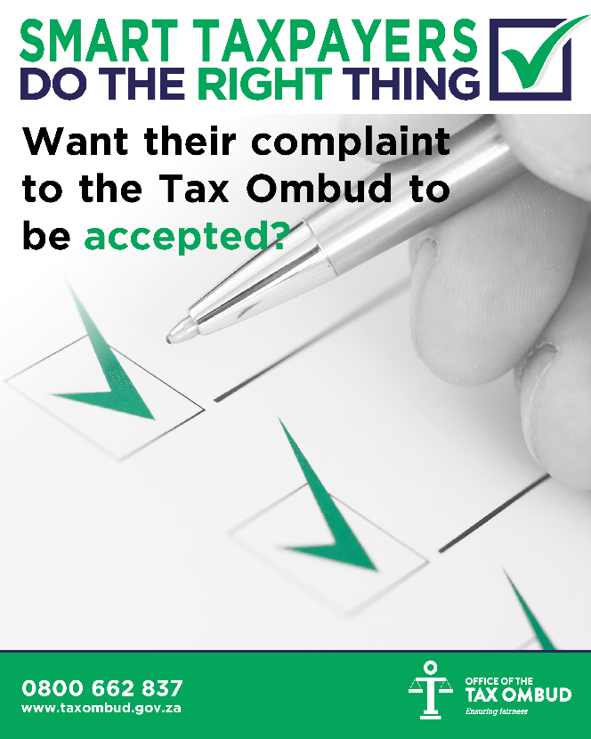 TaxOmbud's tweet photo. You lodge a tax complaint to seek a resolution and not a rejection. Follow the correct processes to avoid rejection and disappointment. Click here for more info. https://t.co/c9q8XDUC0n #TaxOmbud #Filingseason #SmartTaxpayers #DoTheRightThing https://t.co/r8fQ5tL7IN