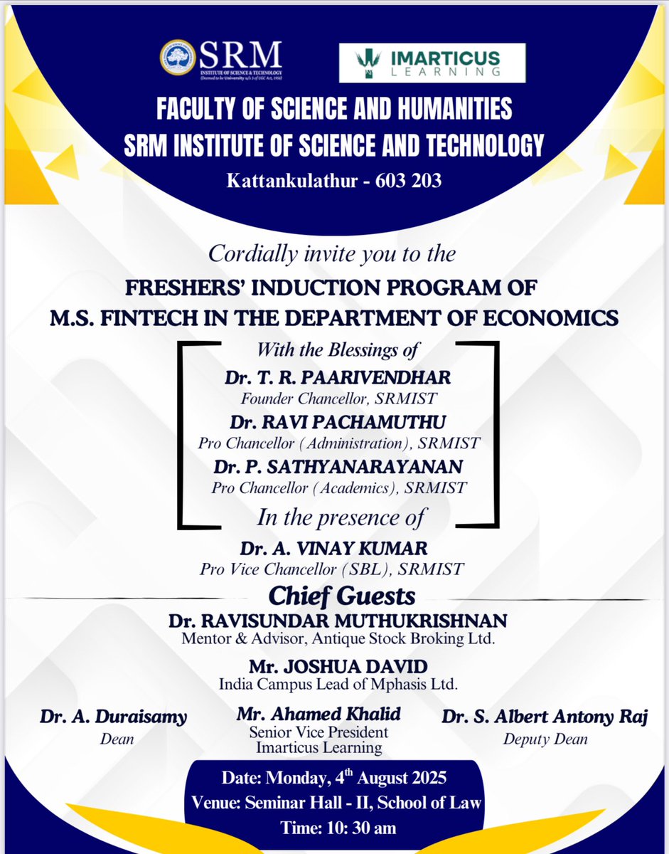 JoshuadavidMD's tweet image. SRM Institute of Science and Technology (SRMIST) Faculty of Science and Humanities, Chennai in collaborations with Imarticus Learning hosted Freshers Induction Program of M.S Fintech in the department of Economics.

#SRMIST
#ImarticusLearning 
#FreahersInduction 

@imarticus