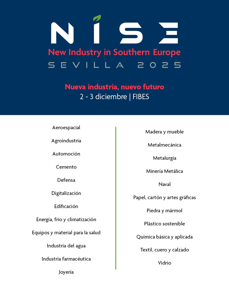 🔝 #NISESevilla2025 reunirá en diciembre a empresas de múltiples sectores estratégicos, consolidándose como un espacio clave para la #innovación, la colaboración y el desarrollo industrial.

🧐​ ¿Quieres sumarte? 👉 nisesevilla.com