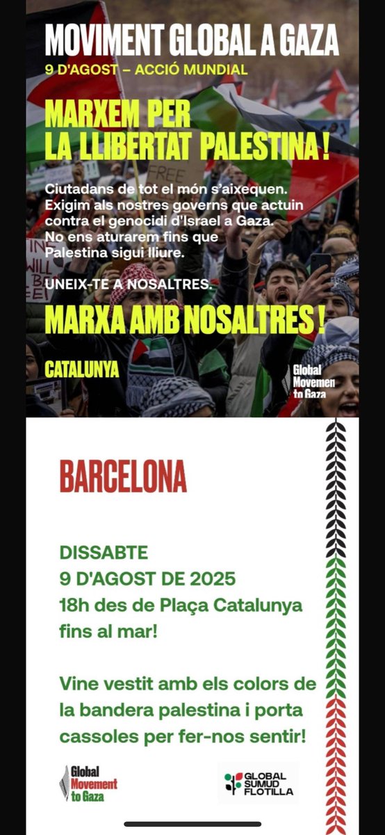 PodemosPrat's tweet photo. STOP GENOCIDI
Dissabte día 9/8/25 a les 18 h. a la plaça de Catalunya de Barcelona marxa contra el El GENOCIDI a Palestina.
Vine vestit amb els colors de la bandera Palestina i porta cassoles per fer-nos sentir https://t.co/1LMqpBDv4O