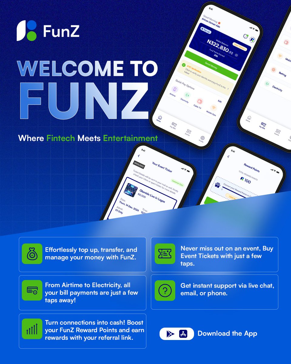 FunZ_NG's tweet image. What’s FunZ all about? 🤔

Think finance, but make it FUN. 😎

With the FunZ app, you can:
✅ Buy tickets to events
✅ Send &amp;amp; receive money
✅ Get cashback for spending
✅ Discover fun experiences near you

All in one app. All in your control.

#DoItWithFunZ #FundYourFunWithFunZ