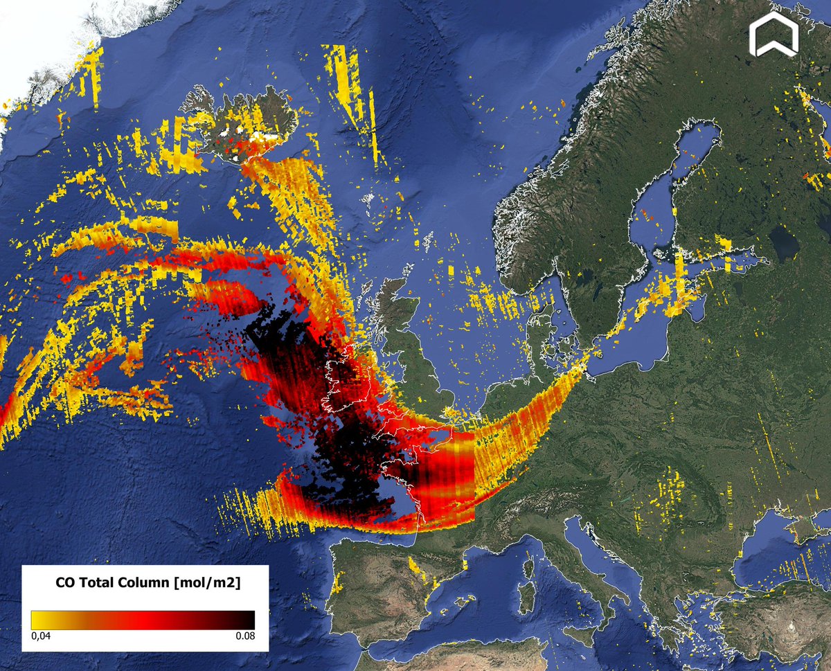 From #Canada to #Europe! The huge plume from the Canadian #wildfires has reached #France, the #UK and Northern European Countries, as shown in the #Copernicus #Sentinel5p CO map on Aug. the 5th. #AirQuality