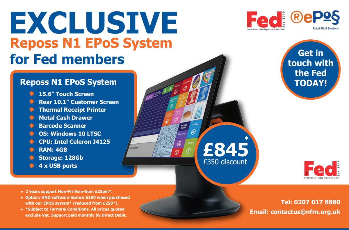 The Fed (@thefed_online) on Twitter photo 💥 For Fed members only! Save £350 on the Reposs N1 EPoS System – now just £845.
📱 Touch screen
🖨️ Receipt printer
🖥️ Customer display
📞 0207 017 8880 | contactus@nfrn.org.uk 💥 For Fed members only! Save £350 on the Reposs N1 EPoS System – now just £845.
📱 Touch screen
🖨️ Receipt printer
🖥️ Customer display
📞 0207 017 8880 | contactus@nfrn.org.uk