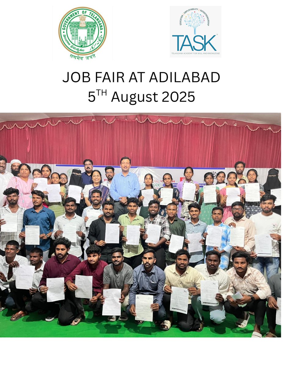 Job Mela at Adilabad on 5th August 2025
Empowering Telangana's youth with opportunities!
<a href="/OffDSB/">Sridhar Babu Duddilla</a> #SanjayKumarIAS <a href="/bhaveshmishra01/">bhaveshmishra</a> <a href="/RajarshiShahIAS/">Rajarshi Shah</a>  <a href="/ShrikantNF/">Shrikant Sinha</a> #TASKCOO <a href="/SdTask/">Pradeep Reddy</a> <a href="/SaveenRedd7461/">Saveen Reddy</a> <a href="/SugunakarKoduri/">sugunakar Koduri</a> 
#JobMela #TASK #Adilabad #Telangana #YouthEmployment #SkillIndia