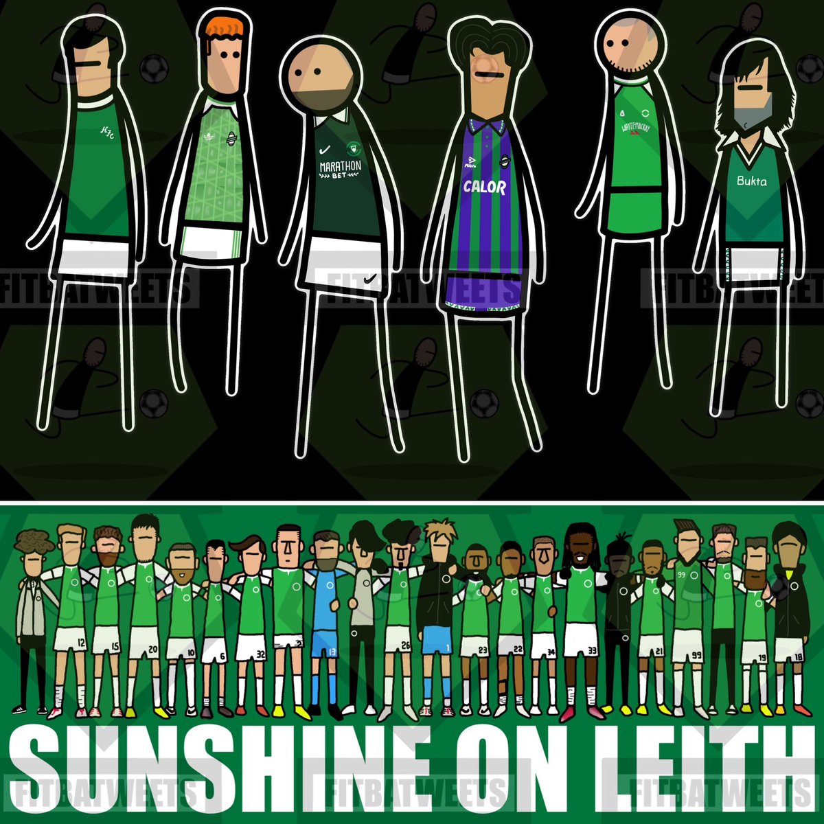 Hibees! Celebrate 150 years of your club with one of these smart designs - iconic kits on club legends (Stanton, Wright, Gray, Jackson, Jones, Best) or the 24/25 Sunshine on Leith lads. Available on T-shirts, mugs, coasters and prints at fitbatweets.com.