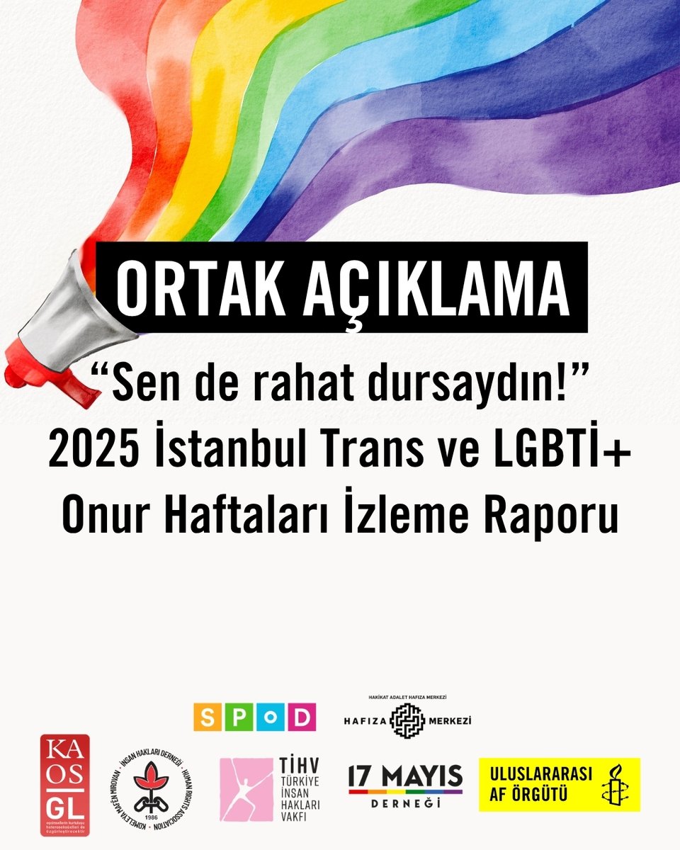 Amnesty Türkiye (@aforgutu) on Twitter photo 2025 Onur Ayı kapsamında İstanbul’da gerçekleştirilen 11. Trans Onur Yürüyüşü (22 Haziran, Kadıköy) ve 23. İstanbul LGBTİ+ Onur Yürüyüşü (29 Haziran, Beşiktaş) sırasında ve sonrasında yaşanan insan hakları ihlallerini; <a href="/17mayisdernegi/">17 Mayıs Derneği</a>, <a href="/hakikatadalet/">Hafıza Merkezi</a>, <a href="/kaosglorg/">KaosGL.org</a>, <a href="/spodlgbti/">SPoD</a>, 2025 Onur Ayı kapsamında İstanbul’da gerçekleştirilen 11. Trans Onur Yürüyüşü (22 Haziran, Kadıköy) ve 23. İstanbul LGBTİ+ Onur Yürüyüşü (29 Haziran, Beşiktaş) sırasında ve sonrasında yaşanan insan hakları ihlallerini; <a href="/17mayisdernegi/">17 Mayıs Derneği</a>, <a href="/hakikatadalet/">Hafıza Merkezi</a>, <a href="/kaosglorg/">KaosGL.org</a>, <a href="/spodlgbti/">SPoD</a>,