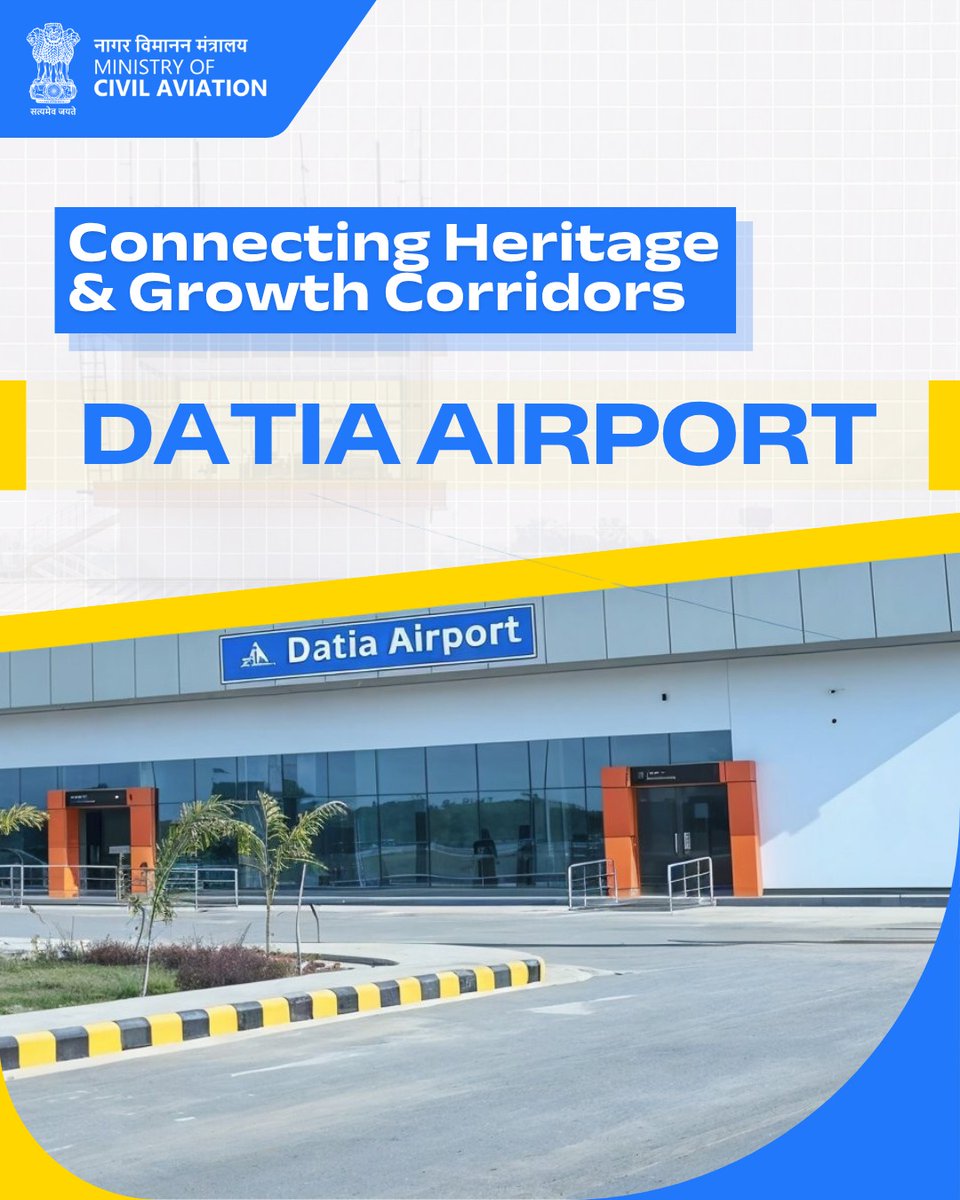 MoCA_GoI (@moca_goi) on Twitter photo Datia Airport: Connecting heritage with growth corridors.
Now seamlessly linked to Bhopal and Khajuraho under the UDAN scheme, bringing jobs and regional growth to Northern MP. (1/4)
<a href="/AAI_Official/">Airports Authority of India</a>
#IndianAirports #CivilAviation Datia Airport: Connecting heritage with growth corridors.
Now seamlessly linked to Bhopal and Khajuraho under the UDAN scheme, bringing jobs and regional growth to Northern MP. (1/4)
<a href="/AAI_Official/">Airports Authority of India</a>
#IndianAirports #CivilAviation