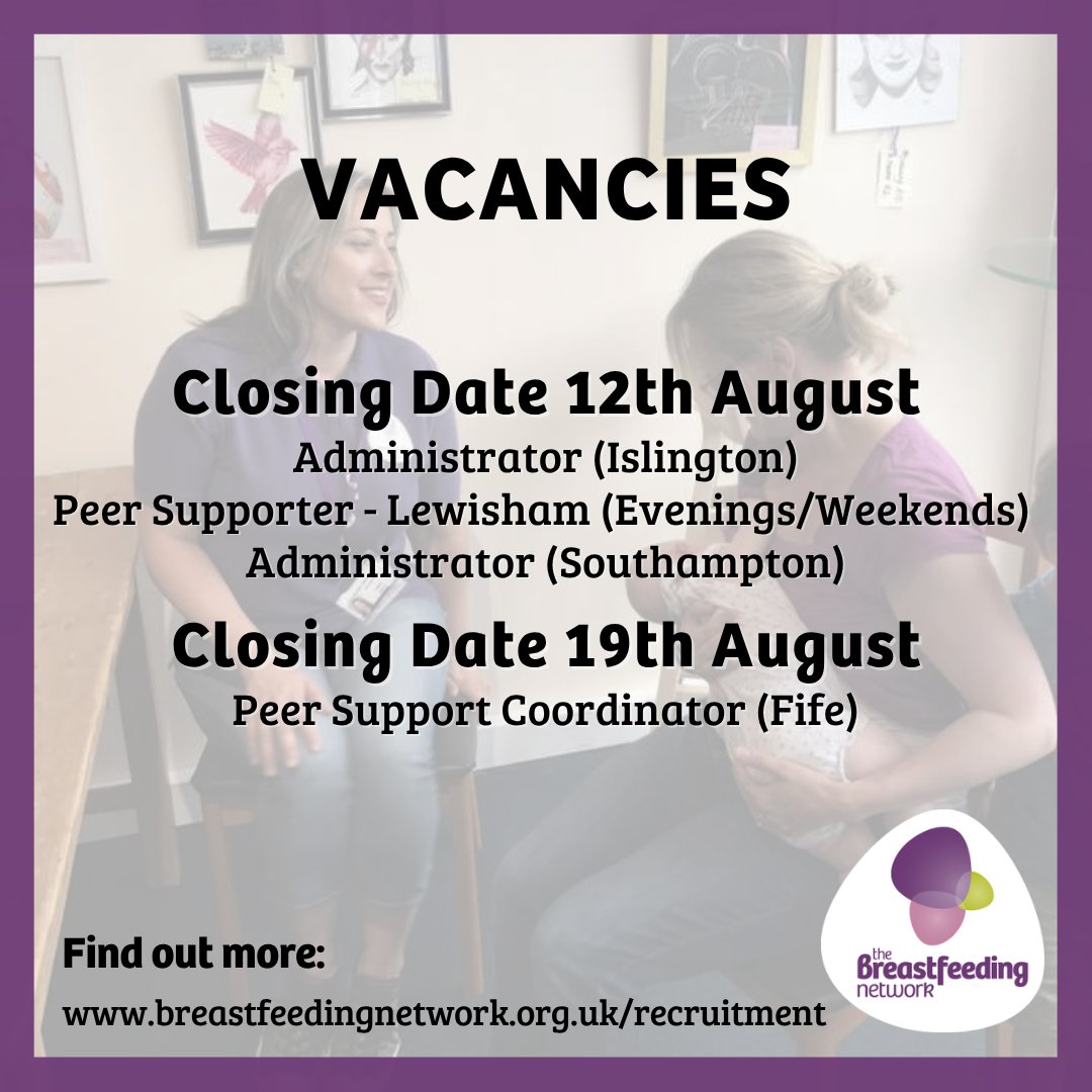 BfN_UK's tweet image. Have you seen our latest vacancies?

There&apos;s still time to apply for the roles within our local services 💜

For information on all of our vacancies, and to apply, go to:
breastfeedingnetwork.org.uk/get-involved/r…

#CharityJobs #AdminRoles #PeersupportRoles