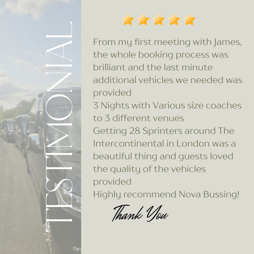 NovaBussing's tweet image. ⭐ “From my first meeting with James, the booking process was brilliant… Guests loved the quality of the vehicles. Highly recommend Nova Bussing!” ⭐

Thanks to our amazing clients for the kind words! 🚍👏 #5StarReview #EventTransport