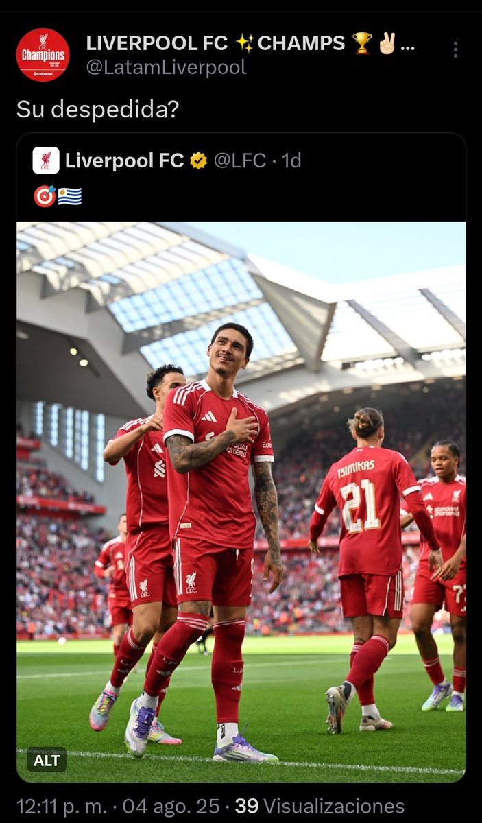 LIVERPOOL FC ✨CHAMPS 🏆✌🏻👌🏼 THE VOICE🏆#20 (@latamliverpool) on Twitter photo Ya lo sabia, la celebracion solo vino a dejar Claro que se iba y estaba agradecido.
<a href="/Darwinn99/">Darwin Núñez</a> Ya lo sabia, la celebracion solo vino a dejar Claro que se iba y estaba agradecido.
<a href="/Darwinn99/">Darwin Núñez</a>
