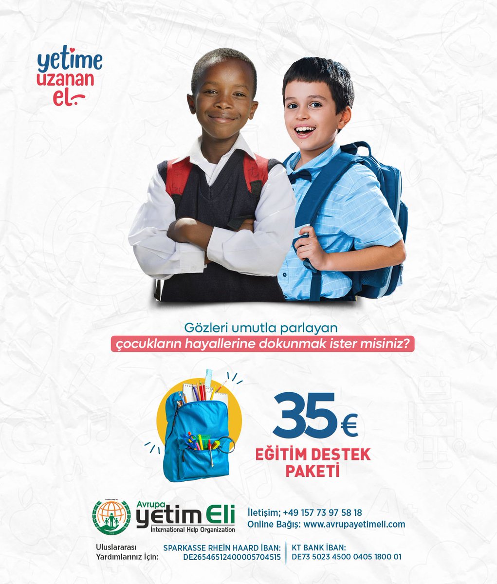 Gözleri umutla parlayan çocukların hayallerine dokunmak ister misiniz?🍀🎒

Eğitim Destek Paketi: 35€

Detaylı Bilgi ve İletişim;
+49 157 739 75 818