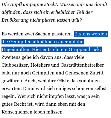 Vor 4 Jahren:

CDU Fraktionschef Brinkhaus erstaunlich offen über die psychologischen Effekte von 3G:

"Erstens werden die Geimpften allmählich sauer auf die Ungeimpften. Hier entsteht ein Gruppendruck."

Schwarze Pädagogik für die Bevölkerungen der Welt.
web.archive.org/web/2021081021…