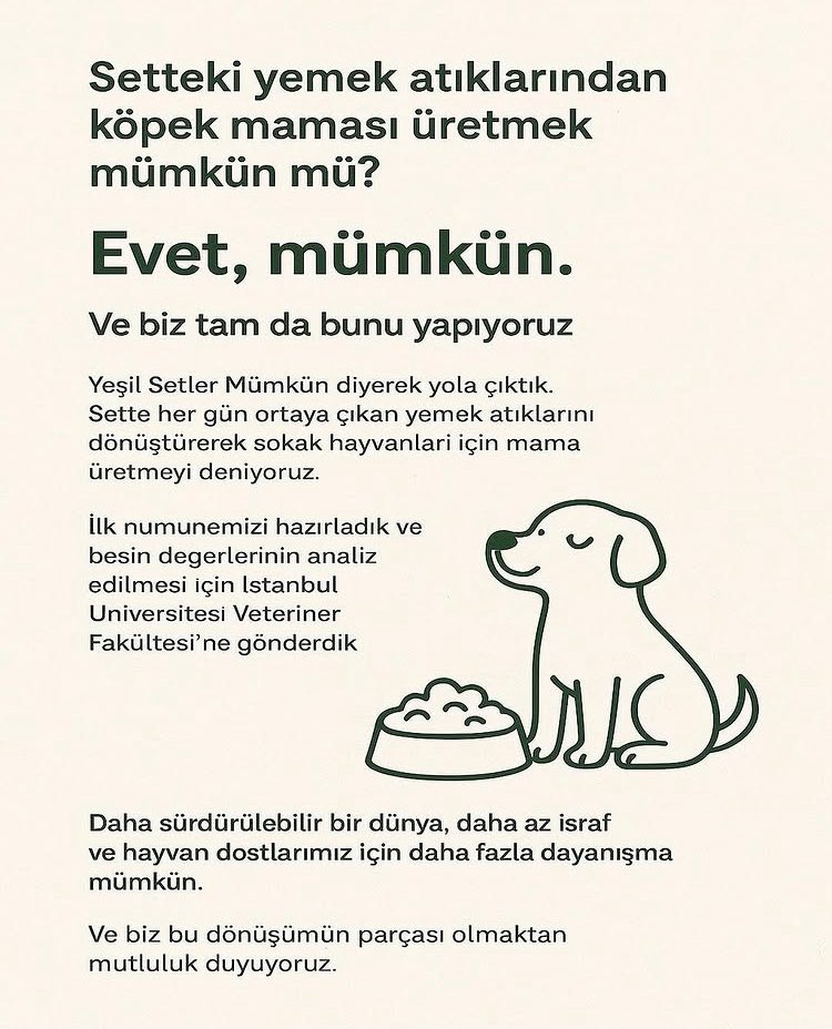 “Yeşil Setler Mümkün” diyerek yola çıkıldı ve şimdi de setteki yemek atıklarından köpek maması üretmeyi deniyoruz. Oyuncular Sendikası olarak ‘Yeşil Setler’i destekliyoruz.
yesilsetler.com