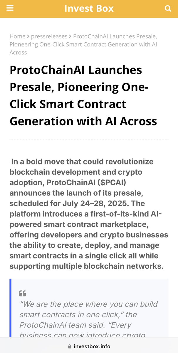 ProtoChainAI's tweet image. Invest Box is telling crypto investors about ProtoChain AI!
We’re climbing the radar of serious investors.
You might want to do the same.

🔗 Read more: investbox.info/2025/07/protoc…

Don’t sit on this for long!! pinksale.finance/launchpad/bsc/…

#PCAI #CryptoAI #SmartContracts #Web3…