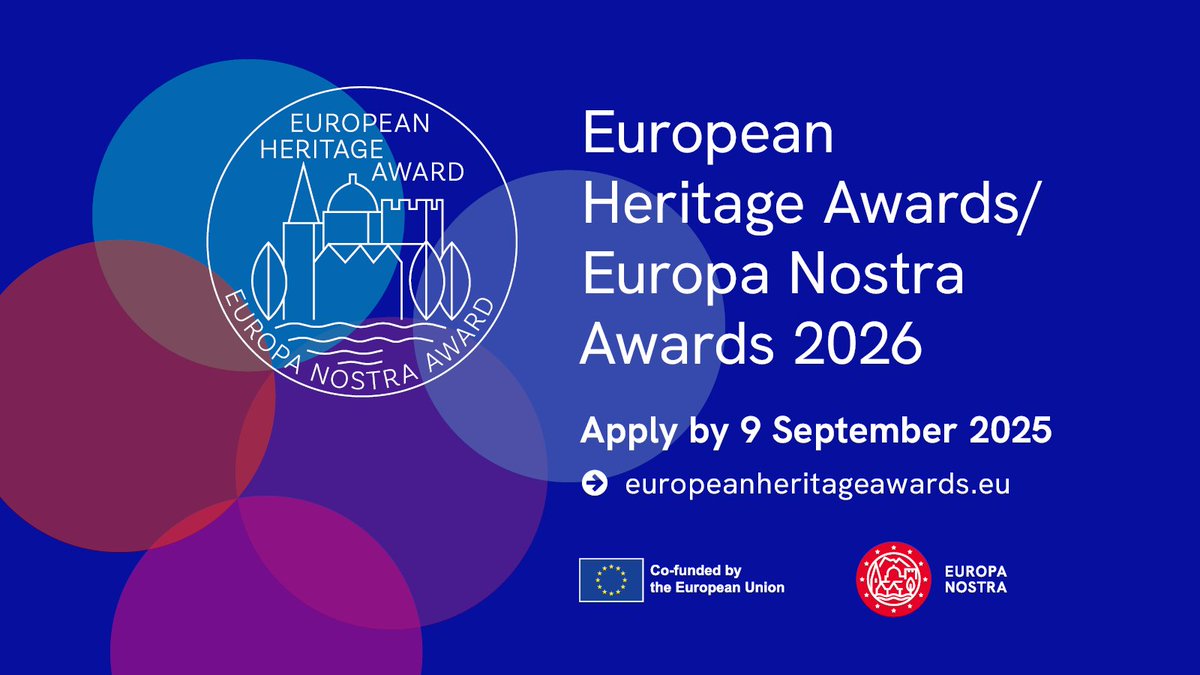 📣 Have you applied for the #EuropeanHeritageAwards / #EuropaNostraAwards 2026? You can compete for Europe’s top heritage awards until 9 September 2025!
The Awards recognise outstanding achievements in the conservation, research &amp; promotion of #Heritage 
👉europeanheritageawards.eu/apply