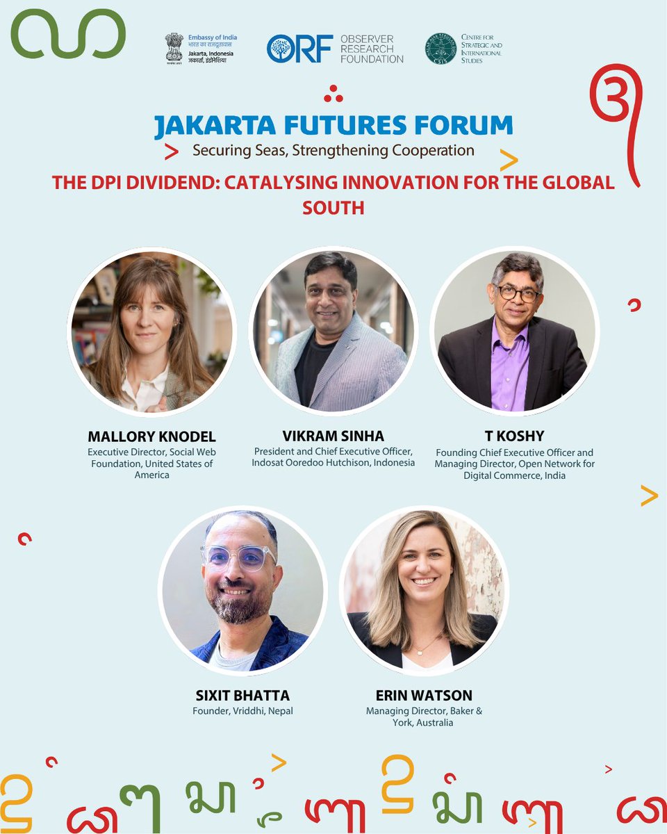 ORF (@orfonline) on Twitter photo #JakartaFuturesForum2025 | The DPI Dividend: Catalysing Innovation for the Global South
We are tweeting the key takeaways from the session with <a href="/buzzindelhi/">Arvind Gupta</a>, <a href="/SinhaVikram/">Vikram Sinha</a>, <a href="/KoshyTK/">Koshy T</a>, Mallory Knodel, <a href="/bhattasixit/">Sixit Bhattaa</a> & <a href="/dr_erinwatson/">Dr Erin Watson</a>
Follow the thread for more updates! #JakartaFuturesForum2025 | The DPI Dividend: Catalysing Innovation for the Global South
We are tweeting the key takeaways from the session with <a href="/buzzindelhi/">Arvind Gupta</a>, <a href="/SinhaVikram/">Vikram Sinha</a>, <a href="/KoshyTK/">Koshy T</a>, Mallory Knodel, <a href="/bhattasixit/">Sixit Bhattaa</a> & <a href="/dr_erinwatson/">Dr Erin Watson</a>
Follow the thread for more updates!