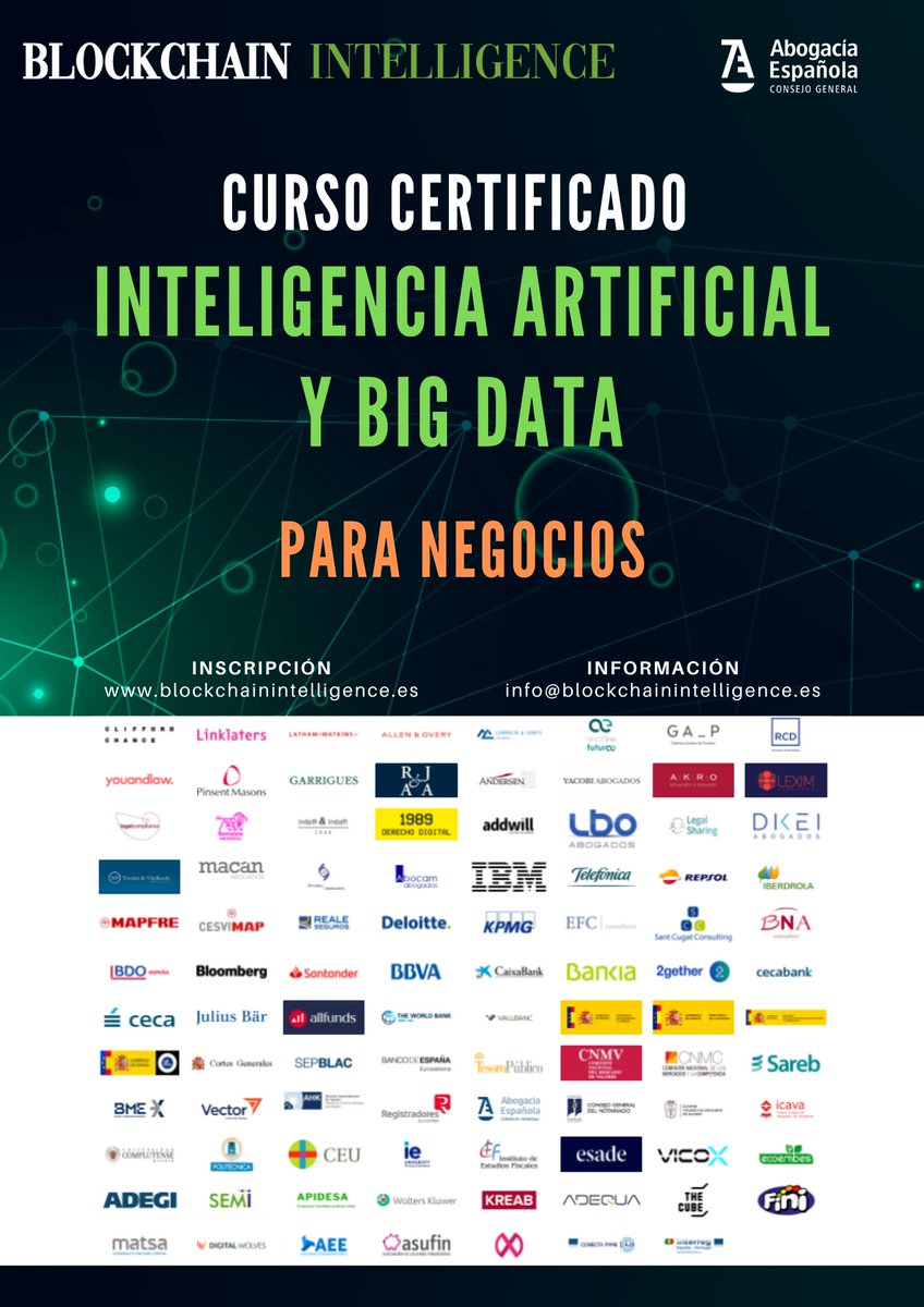Blockchain Intelligence (BI) (@bintelligence_) on Twitter photo Transforma tu negocio con nuestro "Curso en Inteligencia Artificial para Negocios" en septiembre.
Descubre conocimientos clave y aprende a aplicar #IA en el ámbito empresarial: blockchainintelligence.es/oferta/cursos/… Certificados por <a href="/Abogacia_es/">Abogacía Española</a>, <a href="/FelabanOnline/">FELABAN</a> y recomendados por <a href="/Alastria_/">Alastria Blockchain Ecosystem</a> Transforma tu negocio con nuestro "Curso en Inteligencia Artificial para Negocios" en septiembre.
Descubre conocimientos clave y aprende a aplicar #IA en el ámbito empresarial: blockchainintelligence.es/oferta/cursos/… Certificados por <a href="/Abogacia_es/">Abogacía Española</a>, <a href="/FelabanOnline/">FELABAN</a> y recomendados por <a href="/Alastria_/">Alastria Blockchain Ecosystem</a>