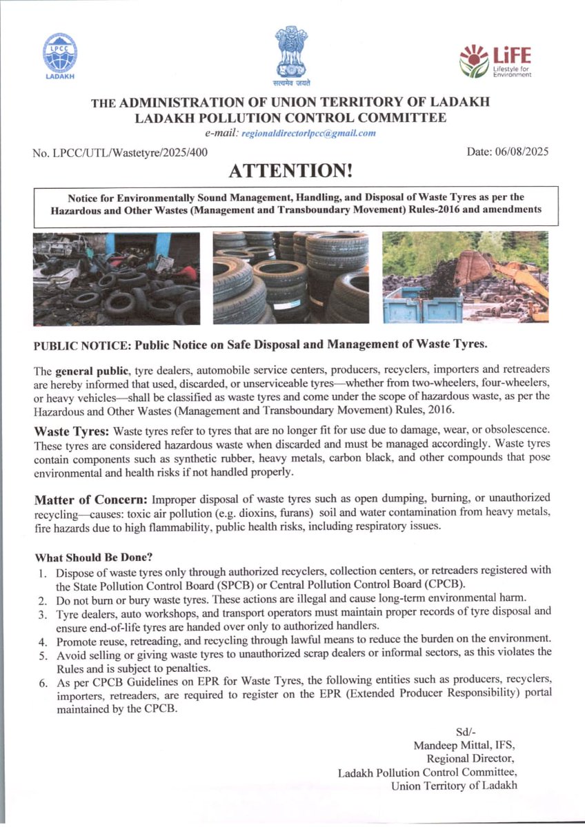 AIR News Leh (@prasarbharti) on Twitter photo PUBLIC NOTICE:
Public Notice on Safe Disposal and Management of Waste Tyres.
Read the notice for more details
<a href="/DIPR_Ladakh/">DIPR Ladakh</a> <a href="/DIPR_Kargil/">DIPR Kargil</a> <a href="/PIB_India/">PIB India</a> <a href="/PIBSrinagar/">PIB in Jammu Kashmir & Ladakh</a> <a href="/MIB_India/">Ministry of Information and Broadcasting</a> <a href="/Info_Ladakh/">DIRECTORATE OF INFORMATION (LADAKH)</a> <a href="/LAHDC_LEH/">LAHDC LEH</a> PUBLIC NOTICE:
Public Notice on Safe Disposal and Management of Waste Tyres.
Read the notice for more details
<a href="/DIPR_Ladakh/">DIPR Ladakh</a> <a href="/DIPR_Kargil/">DIPR Kargil</a> <a href="/PIB_India/">PIB India</a> <a href="/PIBSrinagar/">PIB in Jammu Kashmir & Ladakh</a> <a href="/MIB_India/">Ministry of Information and Broadcasting</a> <a href="/Info_Ladakh/">DIRECTORATE OF INFORMATION (LADAKH)</a> <a href="/LAHDC_LEH/">LAHDC LEH</a>