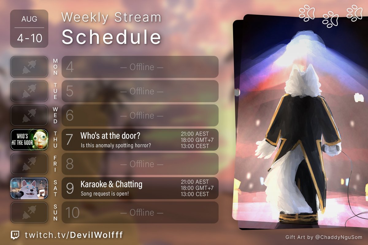 「 🗓️ 𝗦𝗧𝗥𝗘𝗔𝗠 𝗦𝗖𝗛𝗘𝗗𝗨𝗟𝗘  」
Here's this week's schedule:

🏠 THU (7 AUG), 6 PM GMT+7 👻
- Who's at the door? -
🎤 SAT (9 AUG), 6 PM GMT+7 🎵
- Karaoke &amp; Chatting -

See you on stream 💙 Link in bio!