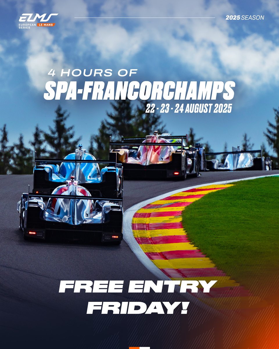 European Le Mans Series (@europeanlms) on Twitter photo Itโs a Spa-Francorchamps traditionโฆ FREE ENTRY FRIDAY is back! ๐
Come to <a href="/circuitspa/">Spa-Francorchamps</a> on 22 August and kick off an action-packed race weekend - with a full day of on-track sessions to set the tone for Saturday and Sunday.
Weekend tickets start at just 10โฌ - grab yours now at Itโs a Spa-Francorchamps traditionโฆ FREE ENTRY FRIDAY is back! ๐
Come to <a href="/circuitspa/">Spa-Francorchamps</a> on 22 August and kick off an action-packed race weekend - with a full day of on-track sessions to set the tone for Saturday and Sunday.
Weekend tickets start at just 10โฌ - grab yours now at