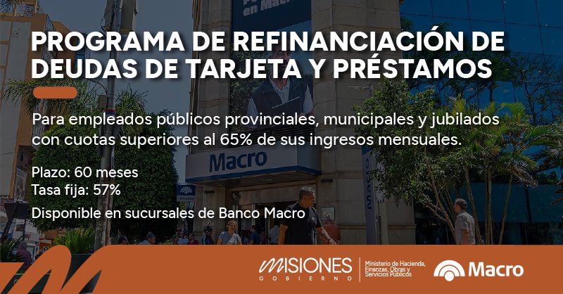 JUNTO A BANCO MACRO EL GOBIERNO PROVINCIAL PRESENTÓ UN PROGRAMA DE REFINANCIACIÓN DE DEUDAS DE TARJETA Y PRÉSTAMOS PARA JUBILADOS Y EMPLEADOS PÚBLICOS 

El gobernador <a href="/passalacquaok/">Hugo Passalacqua</a> informó días pasados sobre el lanzamiento de un nuevo programa del Gobierno provincial en alianza