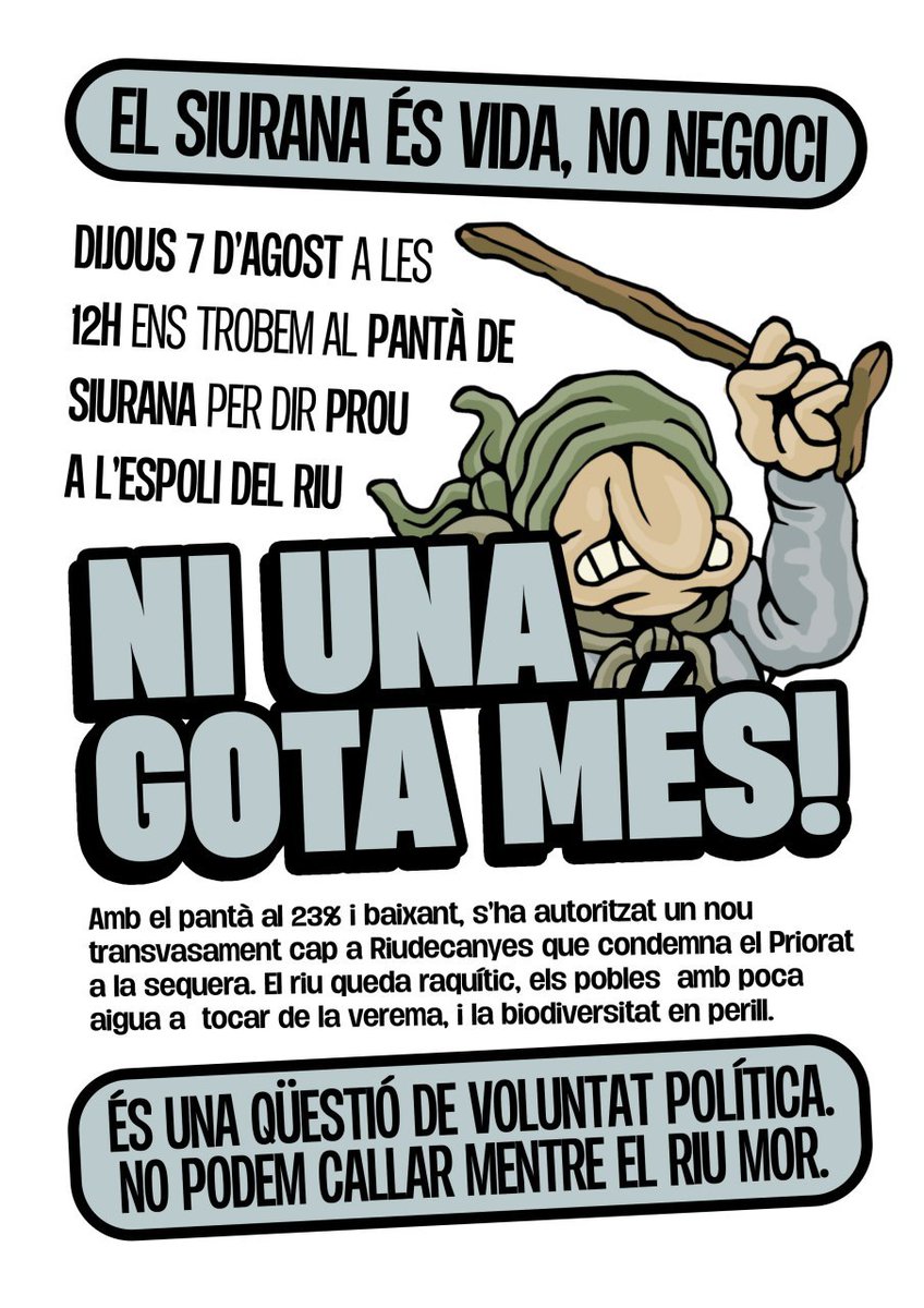 💧No es pot acceptar que un pantà al límit, i amb l’experiència dels anys passats de sequera extrema es continuï transvasament aigua sense cap mirament.

📣 T'esperem demà dijous 7 d’agost a les 12h pantà de Siurana per dir prou a l’espoli del riu!

gepec.cat/espoli-de-llar…