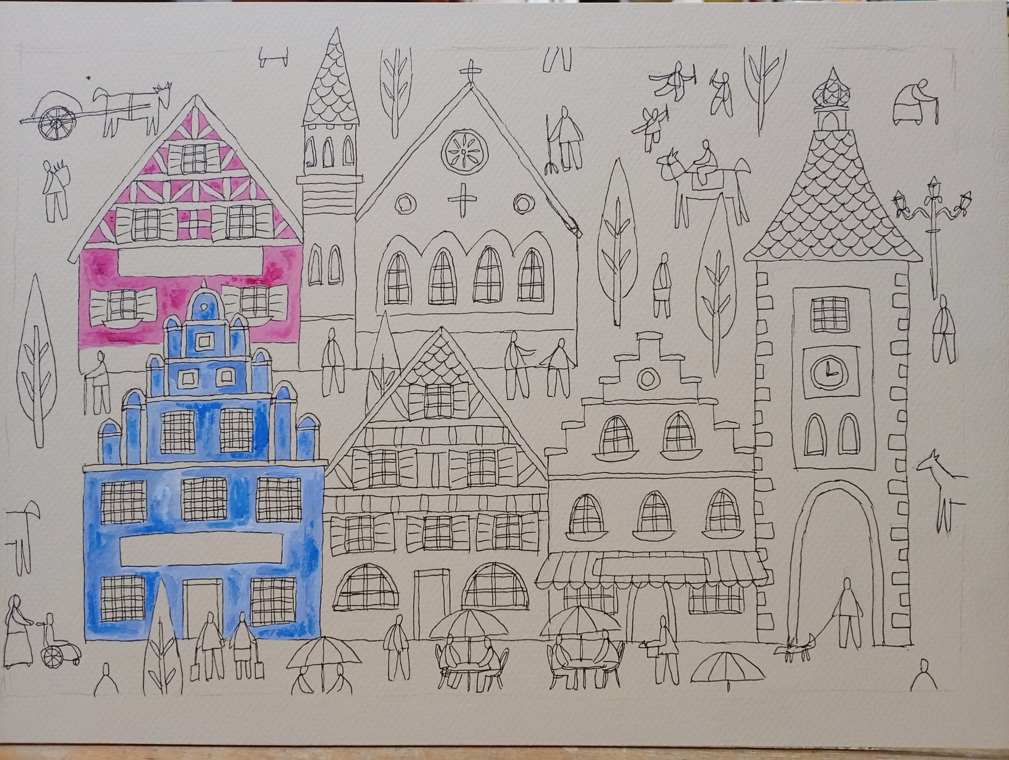 奥村ユズル　水彩画原画　ドイツ古城街道の小さなホテル 奥村ユズル水彩画原画ドイツ古城街道の小さなホテル