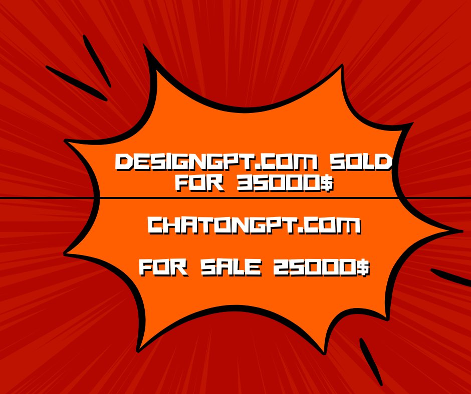 SpeederT63207's tweet photo. GPT Domain sold 🔥
DesignGPT•com— 35k 💸
On @spaceship Sellerhub! 🚀
Next what you are looking for
ChatOnGPT•com — 25k 💸
Ready For sale @afternic 🔥
#domainforsale #ai #gptdomain #chatgpt @sama https://t.co/UgvRRDOZAU
