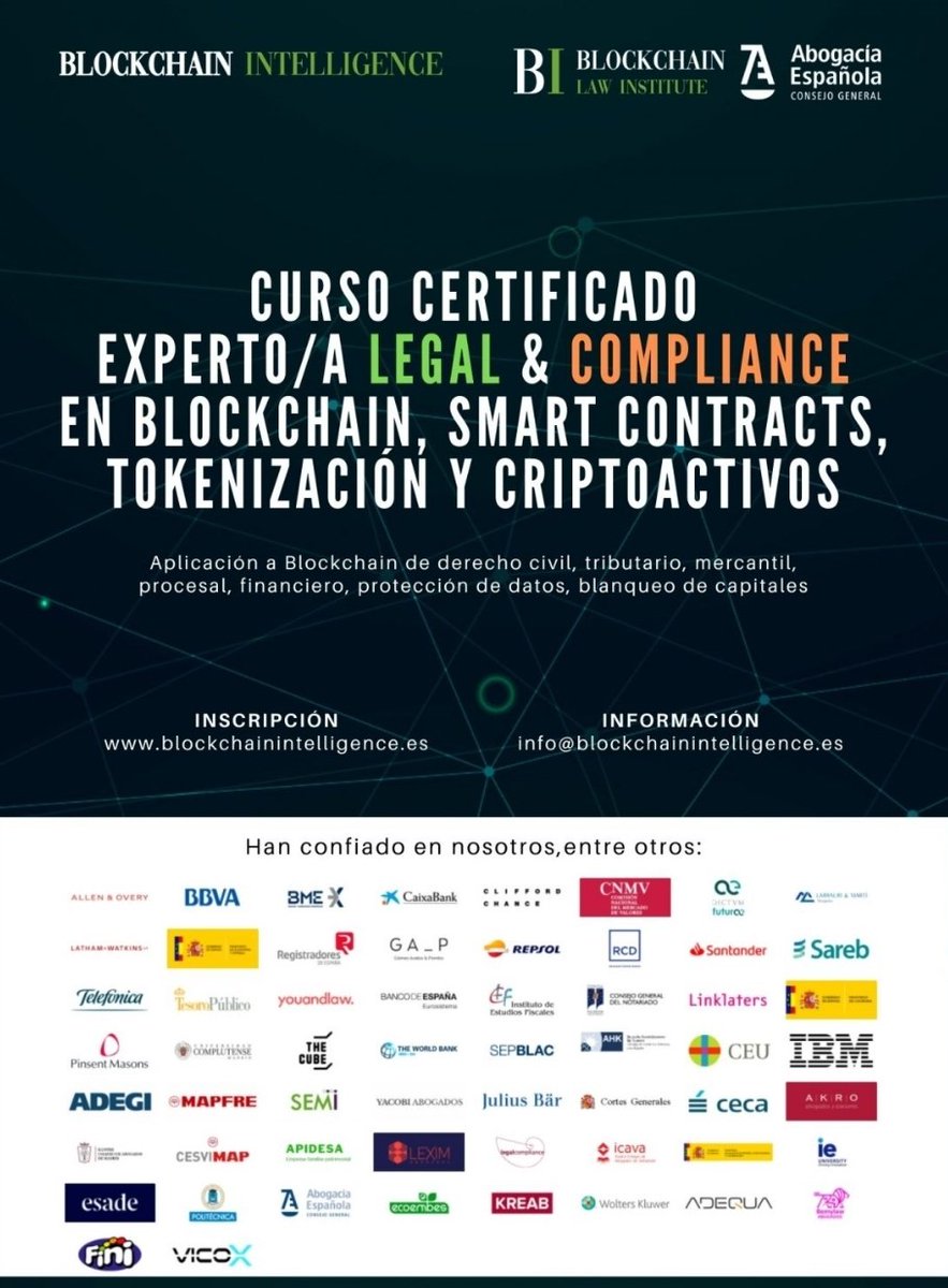 Blockchain Intelligence (BI) (@bintelligence_) on Twitter photo ¿Quieres aplicar #blockchain a casos de uso reales y asesorar a tus clientes en sus casos #cripto?
El curso "Expert@ #Legal & #Compliance en Blockchain, Smart Contracts, Tokenización y #Criptoactivos" enseña eso y mucho más.
Ven 29 septiembre: blockchainintelligence.es
<a href="/Abogacia_es/">Abogacía Española</a> ¿Quieres aplicar #blockchain a casos de uso reales y asesorar a tus clientes en sus casos #cripto?
El curso "Expert@ #Legal & #Compliance en Blockchain, Smart Contracts, Tokenización y #Criptoactivos" enseña eso y mucho más.
Ven 29 septiembre: blockchainintelligence.es
<a href="/Abogacia_es/">Abogacía Española</a>