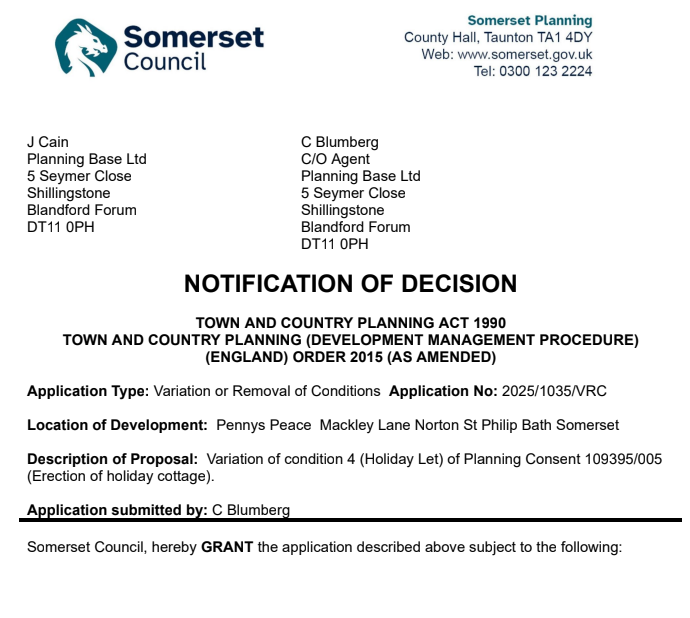 PlanningBase's tweet image. @planningbase obtains removal of restrictive condition at dwelling in #nortonstphilip near #bath. A holiday let condition restricted the use of the property but now it has been removed by way of our application so that it is effectively an open market dwelling #planningcondition