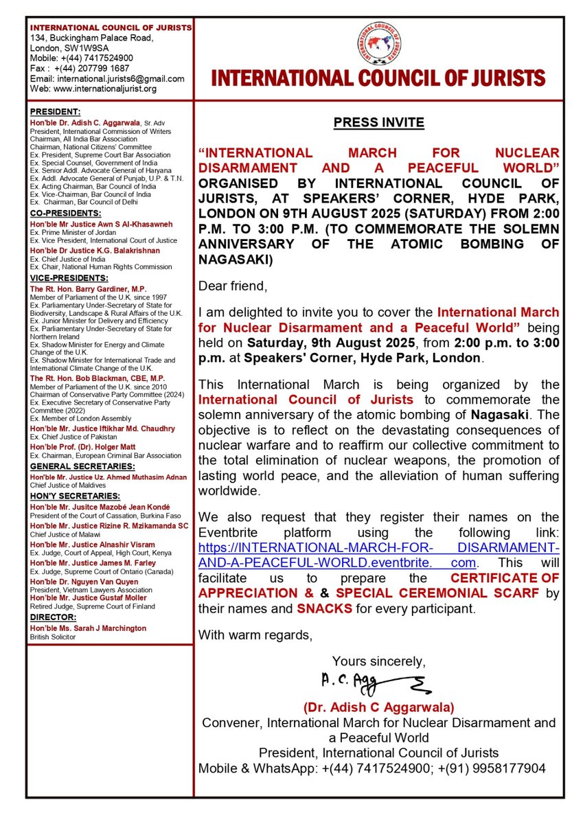 Press Invite: ‘INTERNATIONAL MARCH FOR NUCLEAR DISARMAMENT AND A PEACEFUL WORLD’ BY INTERNATIONAL COUNCIL OF JURISTS; SPEAKERS’ CORNER, HYDE PARK, LONDON; 9 AUGUST; 2 PM. TO 3 PM. #nagasaki #internationalconference #icjlondon #breaking #hiroshima