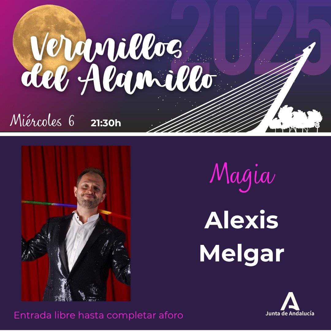 Los Veranillos del <a href="/ParqueAlamillo/">Parque del Alamillo</a>
dedican la velada de hoy miércoles a la magia. Esta noche se espera la actuación de Alexis Melgar con un espectáculo de ilusionismo que nos va a dejar con la boca abierta.
<a href="/Rocio_DiazJ/">Rocío Díaz Jiménez</a>
<a href="/FomentoAND/">Consejería de Fomento de la Junta de Andalucía</a>
<a href="/JuntaSevilla/">Junta Sevilla</a>
<a href="/Ayto_Sevilla/">Ayuntamiento de Sevilla</a>