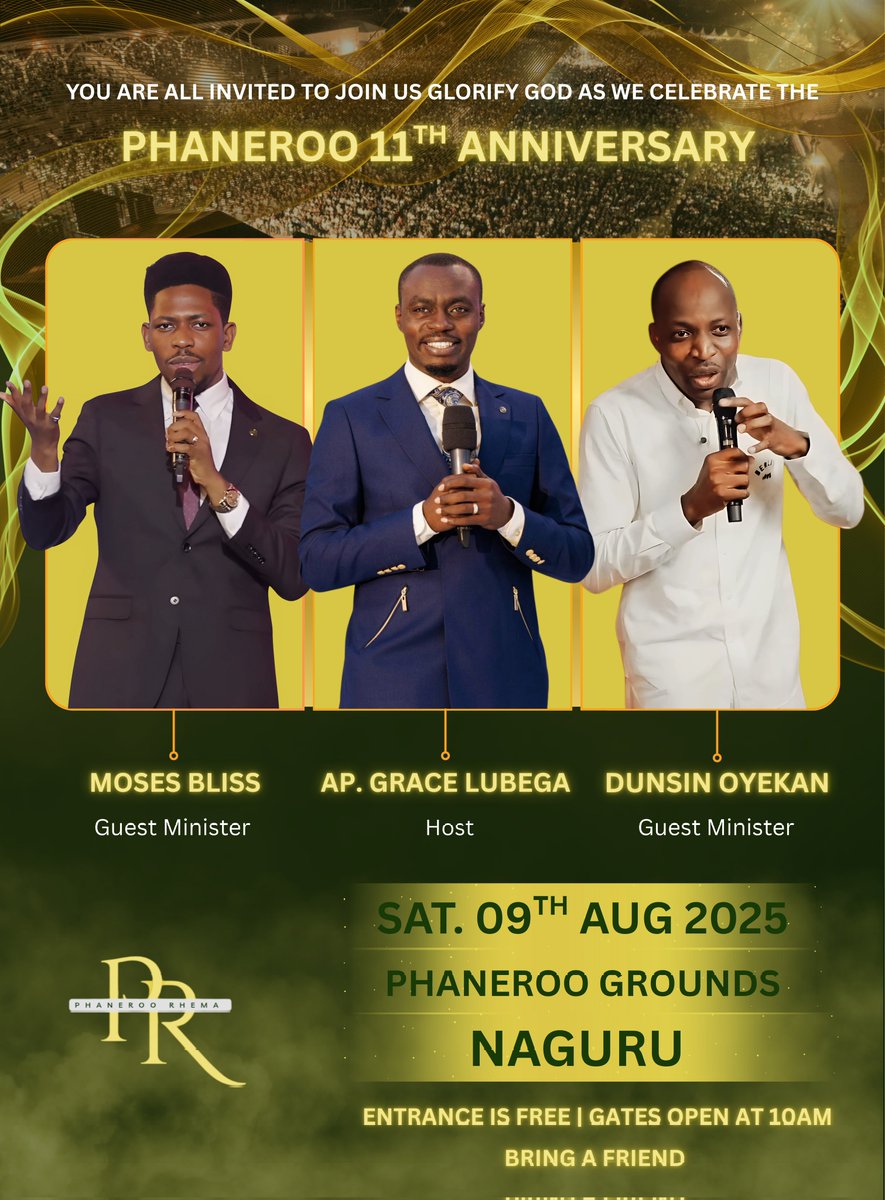 Join us this Saturday, 9th of August 2025 as we celebrate the 11th anniversary of Phaneroo Ministries International. 

This anniversary will be a life-changing experience. Hosted by Apostle Grace Lubega, featuring the anointed worship of Minister Moses Bliss and Minister Dunsin