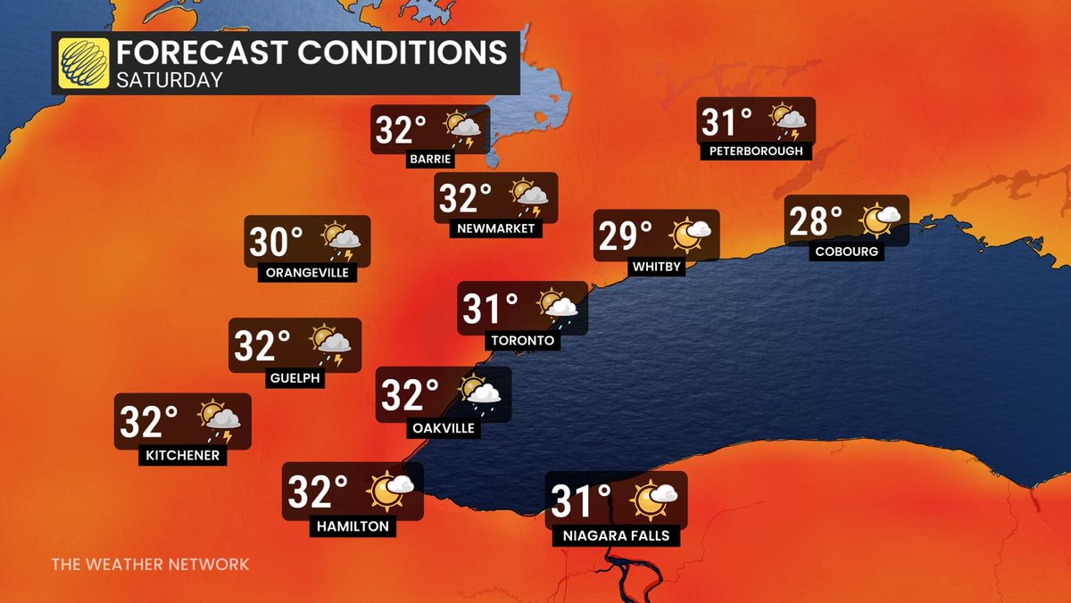 Mix clouds, hazy sun &amp; seasonal today - scattered showers/t-storms but most of the GTHA will stay dry; Sunny &amp; warm Thursday; Mostly sunny &amp; hot Friday &amp; Sat. - scattered t-storms (especially Sat.) but much of GTA stays dry; Sunny &amp; very hot Sunday; Very hot early next week #onwx