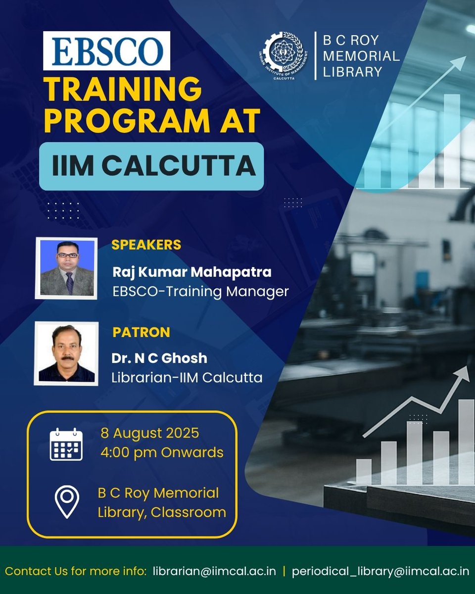 IIM_Calcutta's tweet image. 📚 EBSCO Training Program at IIM Calcutta

The B C Roy Memorial Library cordially invites all faculty, researchers, and students to a hands-on training session on EBSCO’s powerful research tools. Enhance your research skills and make the most of these valuable resources.

#EBSCO…