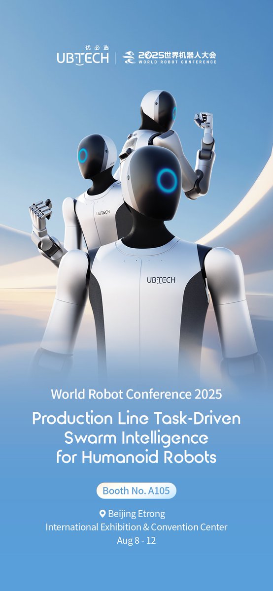 UBTECHRobotics's tweet image. UBTECH will unveil five latest humanoid robots and showcase production line task-driven swarm intelligence for humanoid robots at World Robot Conference 2025
📍Beijing Etrong International Exhibition & Convention Center 📌 Booth No. A105 📅 Aug 8 - 12
#WRC2025 #HumanoidRobots