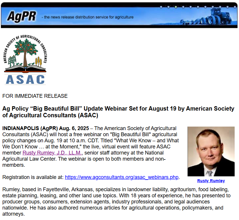 agnewscenter's tweet photo. How Will the “Big Beautiful Bill” Impact You? Ag Policy Impact Webinar Set for 10 a.m. CET Aug. 19th by American Society of Agricultural Consultants (ASAC)
https://t.co/QqEeccHBFQ
#ASAC2025 @The_ASAC @nataglaw #agpolicyspeaker Rusty Rumley. #agconsultants Register here now: https://t.co/la03QYB2ii