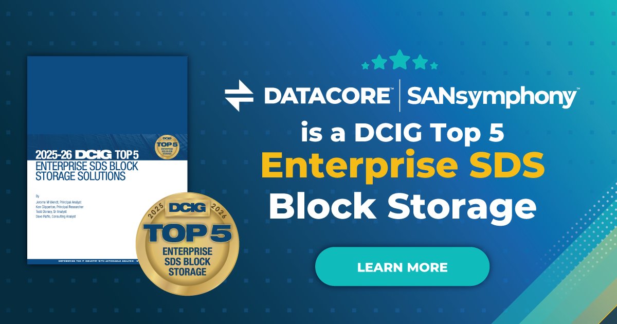 DataCore's tweet image. If you're making data storage decisions, don’t just rely on vendor promises.
#DCIG’s report ranks the top 5 SDS block storage solutions based on real capabilities & enterprise priorities.
See why @DataCore #SANsymphony stands out datacore.com/document/top-5…
#SoftwareDefinedStorage